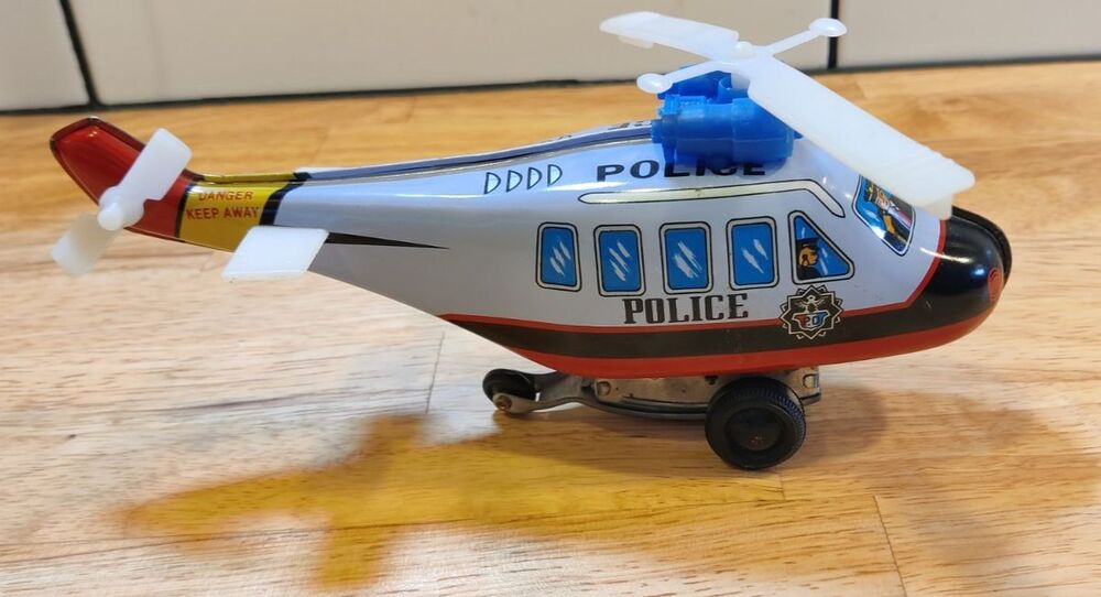 VTG MTU Police Helicopter Tin Toy Wind Up Korea Works Great Condition